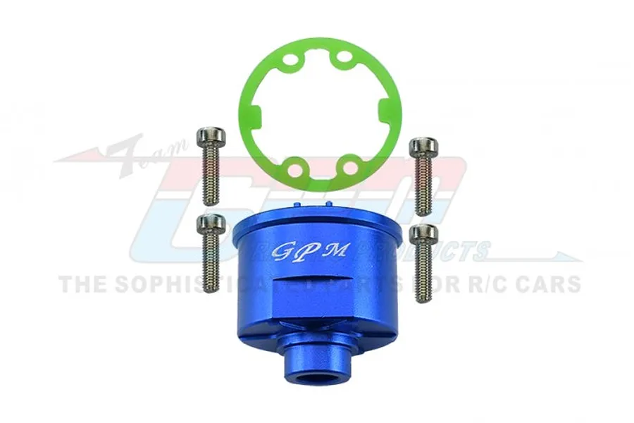 A blue anodized aluminium differential case by GPM Racing, including a green gasket and four mounting screws.