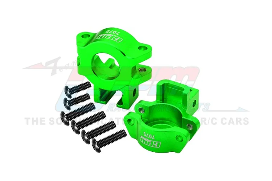 Two bright green anodized aluminium rear hub carriers for an RC car, accompanied by six black metal screws, set against a white background.