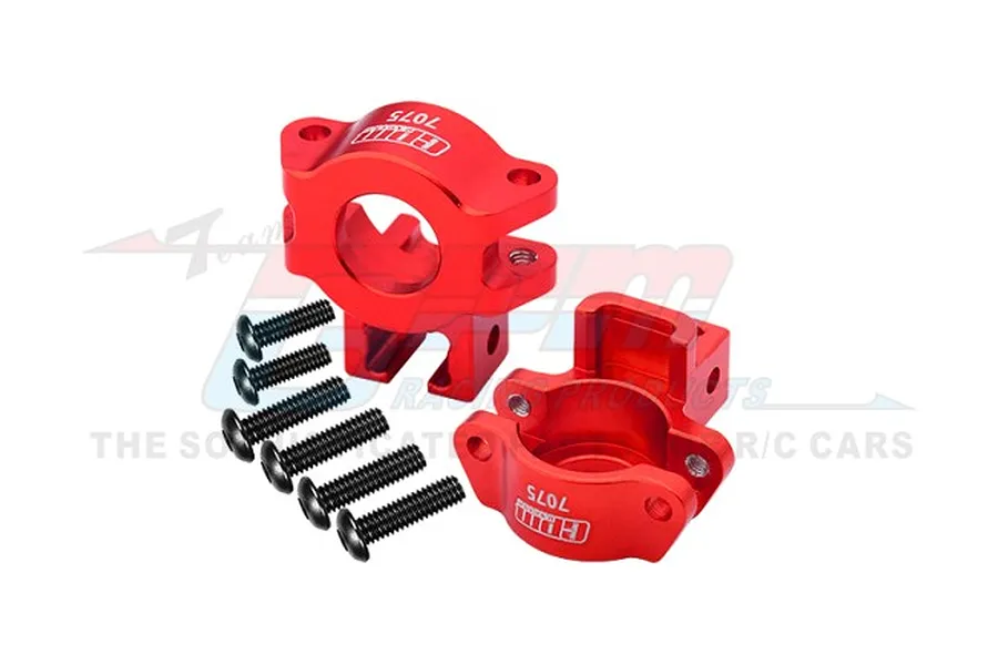 Two red anodized aluminium rear hub carriers for RC cars by GPM Racing, accompanied by a set of black mounting screws.