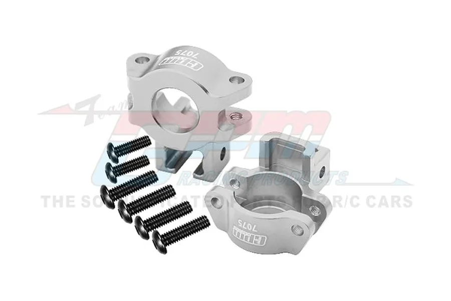 Two silver GPM aluminium rear hub carriers with mounting screws on a white background.