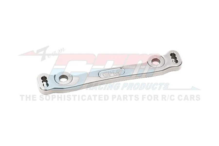 A silver GPM aluminium steering plate for RC cars, featuring mounting holes and a machined logo.