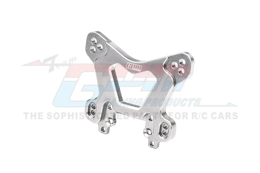 A silver GPM Racing aluminium front shock tower for an RC car, shown against a white background with a faint brand watermark.