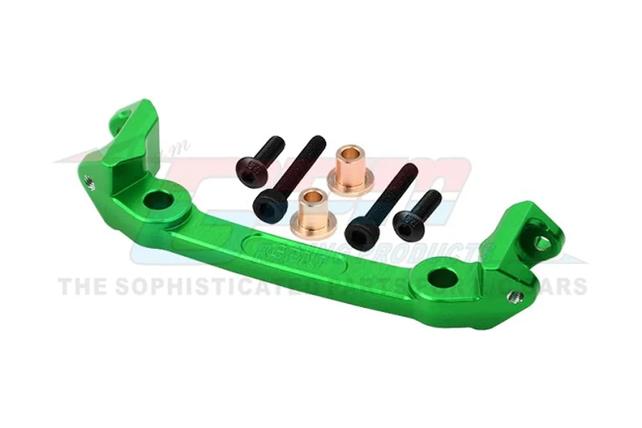 A green anodized aluminium steering plate for RC cars, accompanied by four black screws and two bronze-coloured metal bushings.