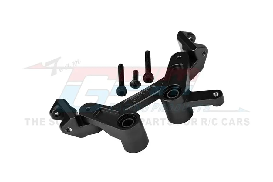GPM Racing black aluminium steering assembly set for RC cars, featuring a bell crank, steering arms, and mounting screws on a white background.