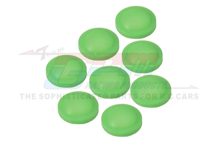 Eight small, round, light green rubber shock bladders arranged on a white background with a faint GPM Racing logo watermark.
