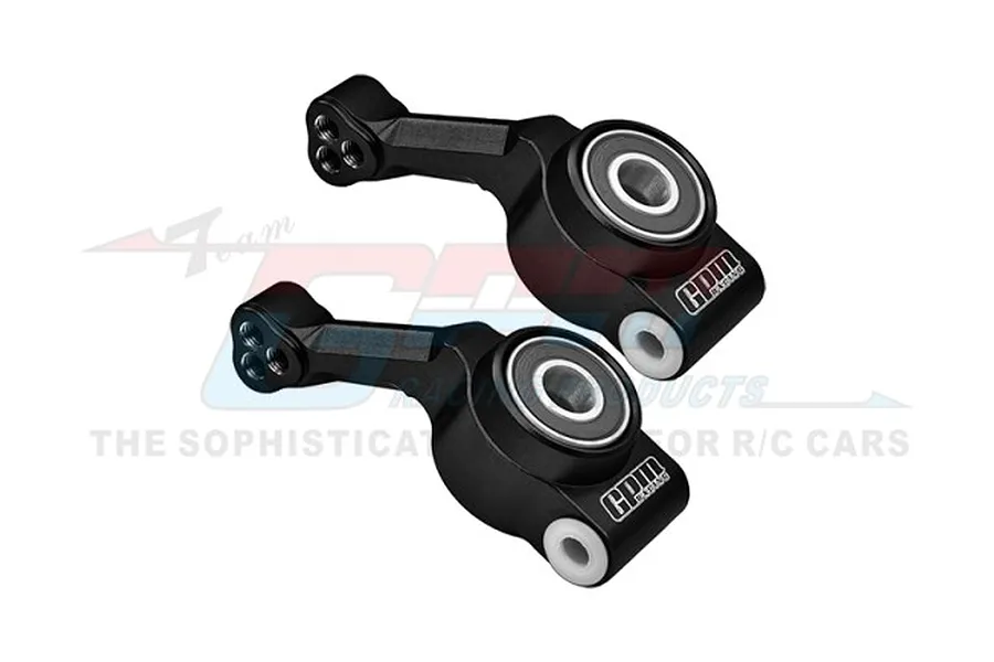 Two black GPM Racing aluminium rear hubs for RC cars, featuring pre-installed bearings and white plastic bushings.