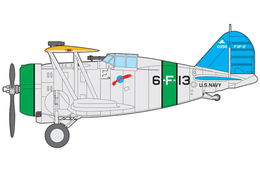 A side-profile illustration of a US Navy F3F-2 biplane fighter with grey fuselage, green cowling, and blue tail markings.