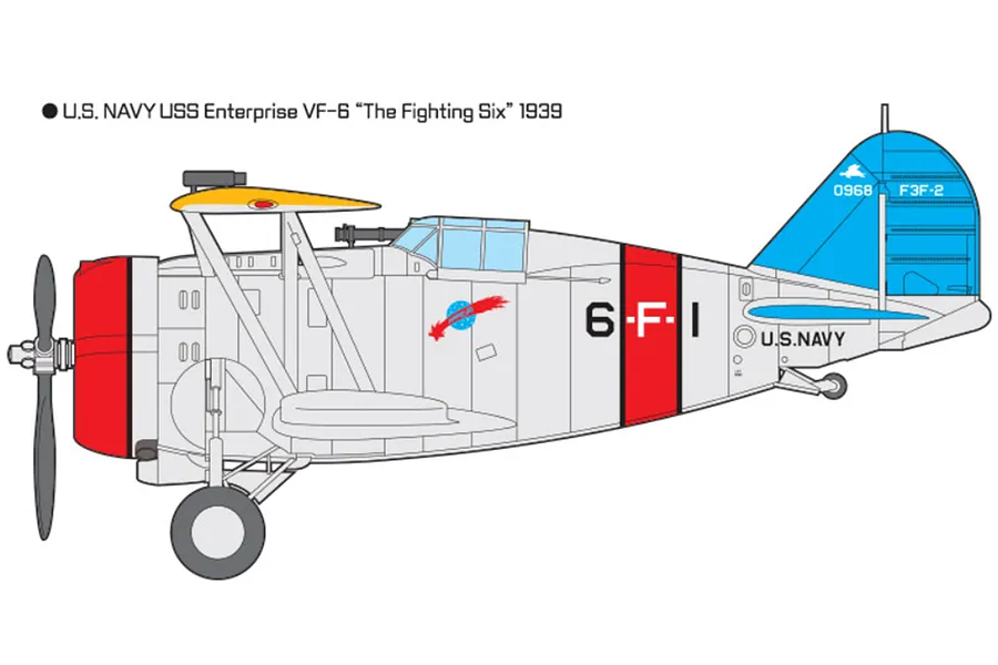 A side-profile illustration of a US Navy F3F-2 biplane fighter in VF-6 Fighting Six livery with a red cowl, blue tail, and red fuselage stripe.