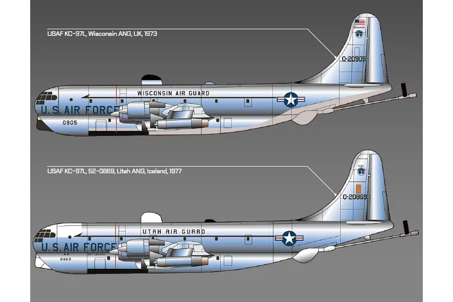 Two side-profile illustrations of a USAF KC-97L Stratofreighter aircraft showing different livery options for Wisconsin ANG and Utah ANG.