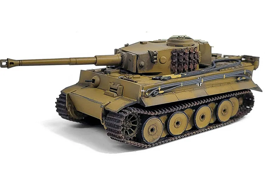 A painted 1/72 scale model of a German Tiger I tank, featuring a tan camouflage paint scheme, dark tracks, and detailed turret and hull components.