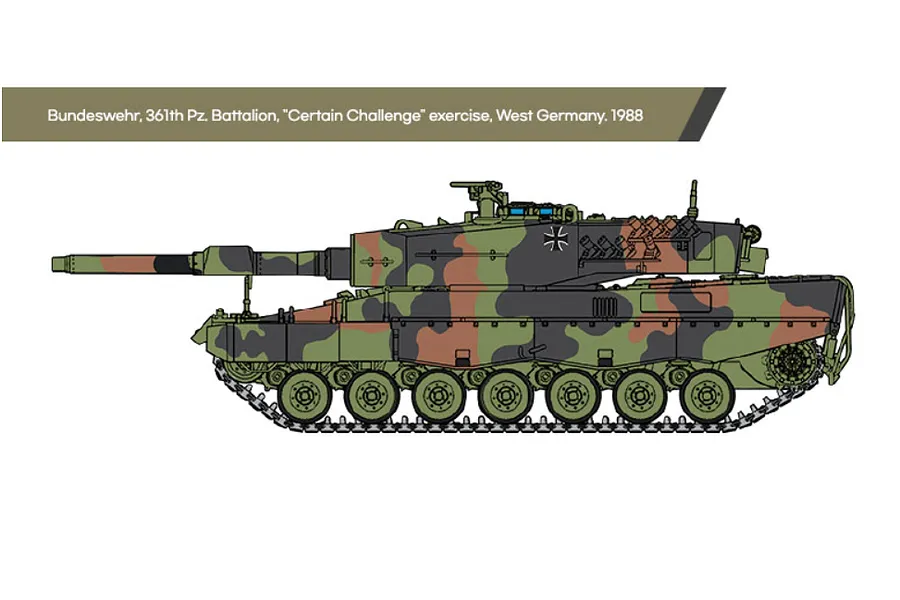 A side-profile digital illustration of a German Leopard 2A4 tank in camouflage, labeled as Bundeswehr, 361th Pz. Battalion, Certain Challenge exercise, 1988.
