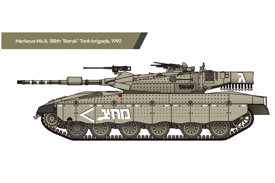 A digital side-profile illustration of a Merkava Mk.III tank from the 188th Barak Brigade, featuring tan camouflage and Hebrew markings.