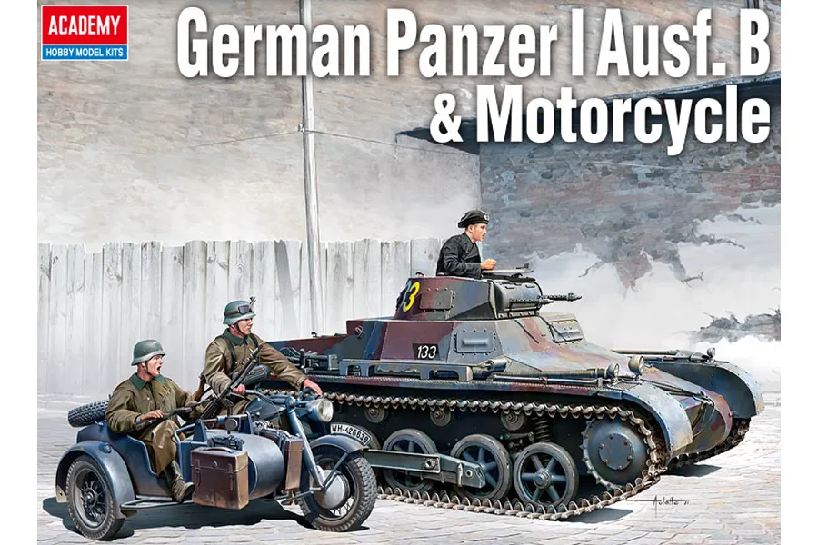 Academy 1/35 German Panzer I Ausf.B Tank w/ Motorcycle &amp;amp; Sidecar Scaled Plastic Model Kit image 98710