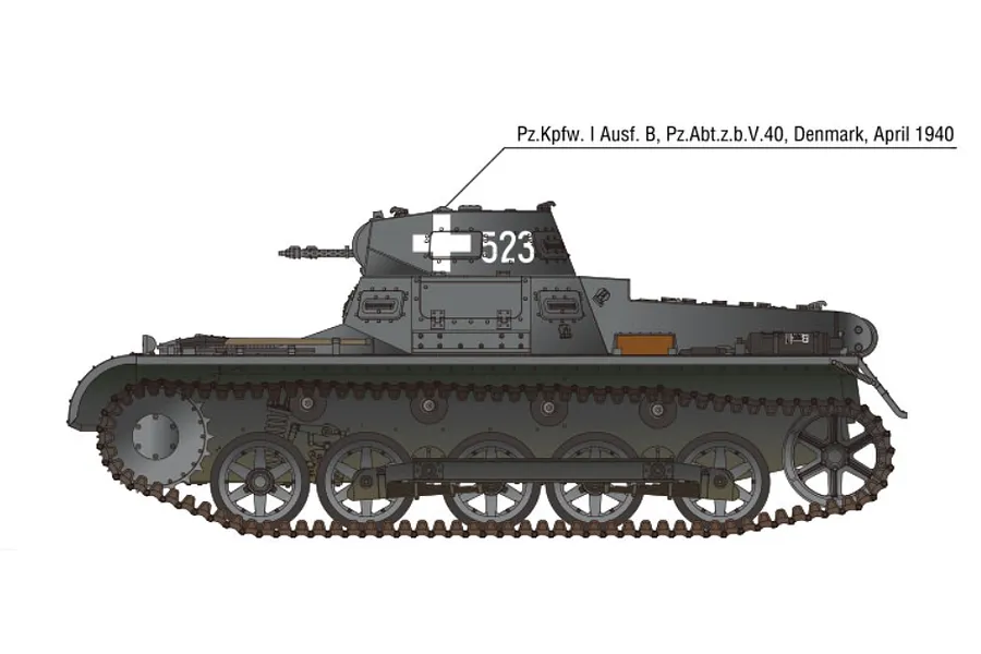 A side-profile digital illustration of a German Panzer I Ausf. B tank in grey camouflage with a white cross and the number 523 on the turret.