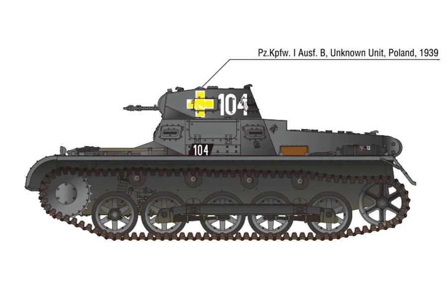 A side-profile illustration of a German Panzer I Ausf. B tank with a yellow cross and the number 104 on the turret.
