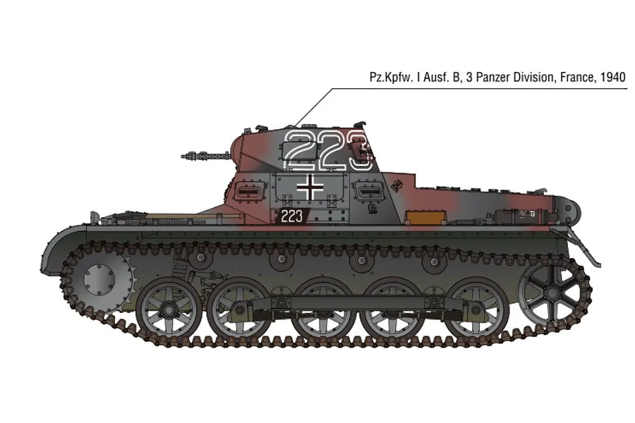 A side-profile digital illustration of a German Panzer I Ausf. B tank with camouflage markings and the number 223 on the turret.