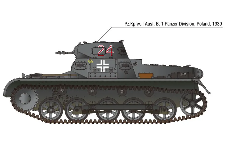 A side-profile illustration of a German Panzer I Ausf. B tank, painted in dark grey with a white cross and the number 24 on the turret.