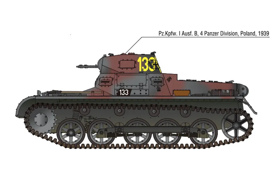 A side-profile digital illustration of a German Panzer I Ausf. B tank with a camouflage paint scheme and the number 133 on the turret.