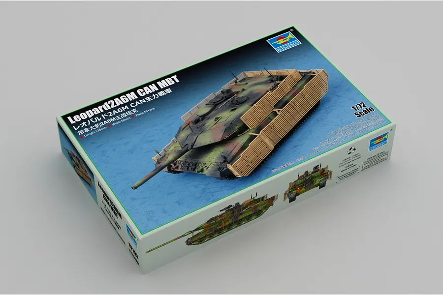 Trumpeter 1/72 scale Leopard 2A6M CAN Main Battle Tank plastic model kit box showing the tank with slat armor.