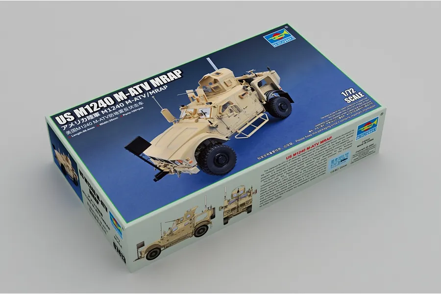 Trumpeter 1/72 scale US M1240 M-ATV MRAP plastic model kit box showing the finished model on a blue background.