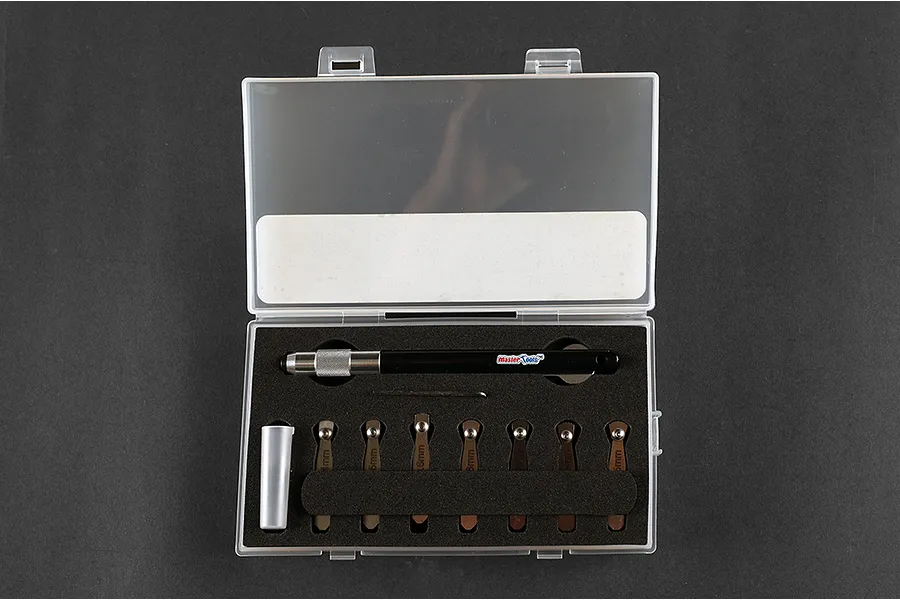 Trumpeter Master Tools rivet maker set in a plastic storage case with various interchangeable wheels and a handle.