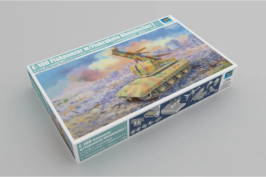 Trumpeter 1/35 scale E-100 Flakpanzer with Rheintocher I missile model kit box, featuring box art of the tank in a battlefield setting.