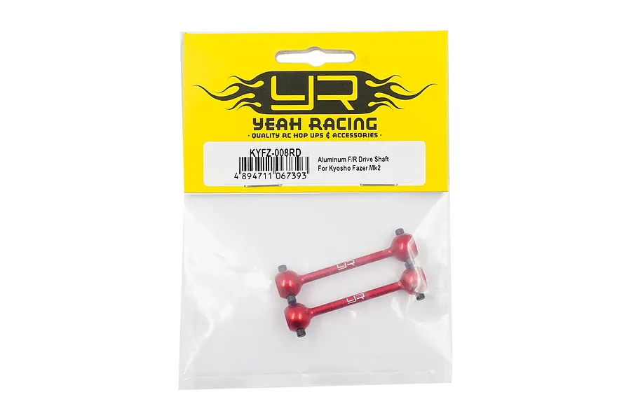 Two red aluminium RC driveshafts in a Yeah Racing branded plastic retail bag.