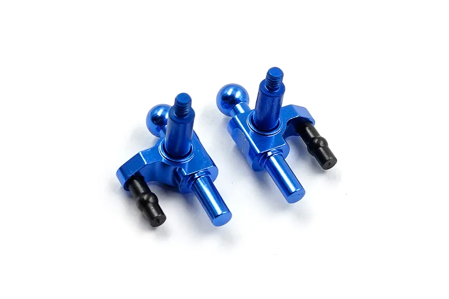 A pair of Yeah Racing deep blue anodized aluminium steering knuckles for Mini-Z RC cars against a white background.