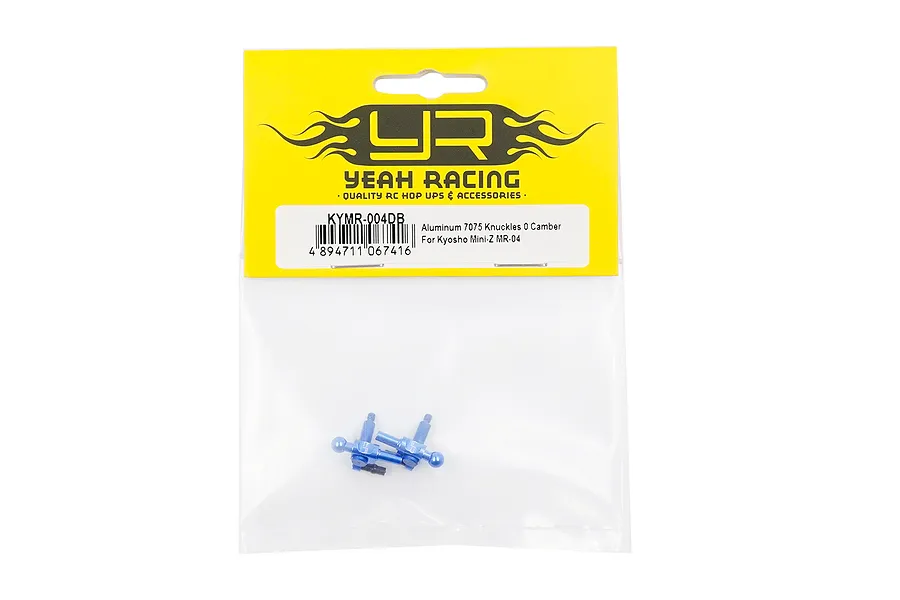 Yeah Racing aluminium 0 camber steering knuckles for Kyosho Mini-Z MR-04 in original yellow and clear plastic retail packaging.
