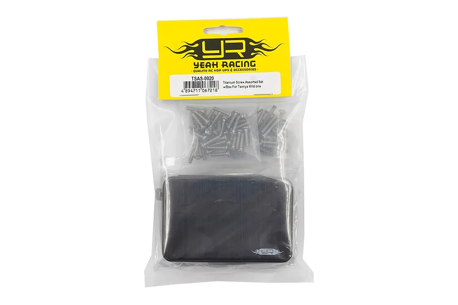 Yeah Racing titanium screw set for Tamiya Wild One in a clear plastic bag with a yellow header card and a black storage box.