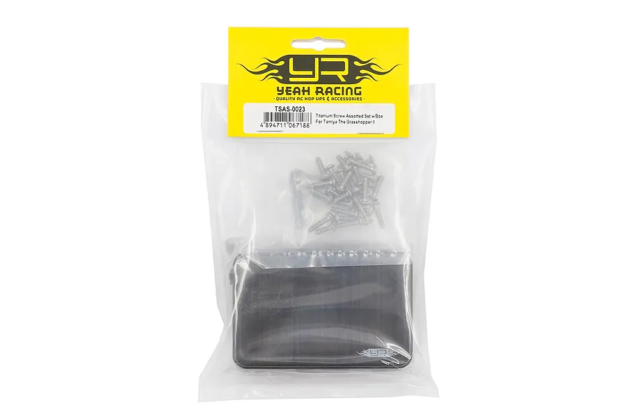 Yeah Racing titanium screw set for Tamiya Grasshopper II in a clear plastic bag with a yellow header card and a black storage box.