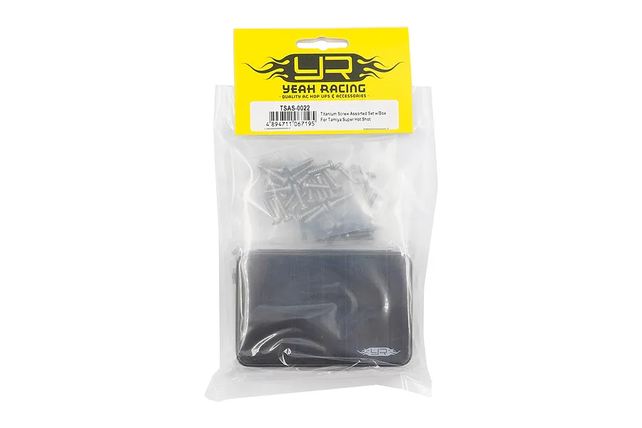 Yeah Racing titanium screw set for Tamiya Super Hot Shot in a clear plastic bag with a yellow header card and a black storage box.