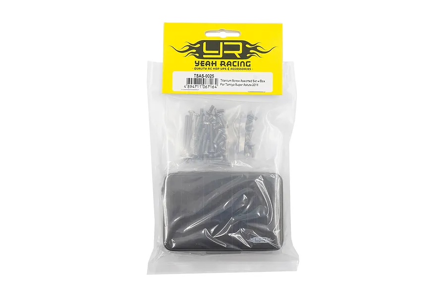 Yeah Racing titanium screw set for Tamiya Super Astute 2018 in a clear plastic bag with a yellow header card and a black storage box.