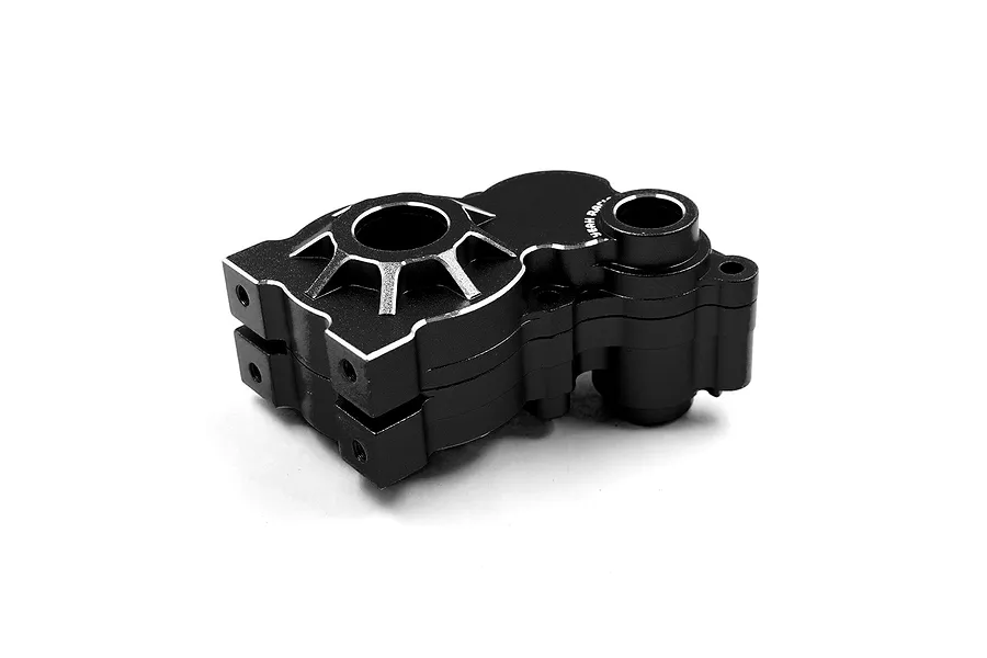 A black anodized aluminium gear box case for RC cars by Yeah Racing, featuring silver chamfered edges and mounting holes.