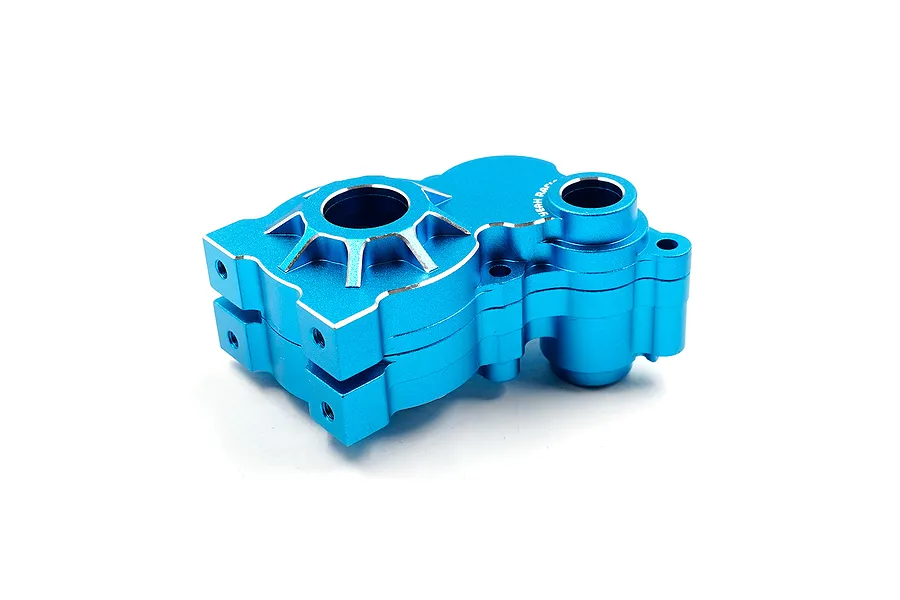 A blue anodized aluminium RC gearbox case by Yeah Racing, shown from an angled perspective against a white background.