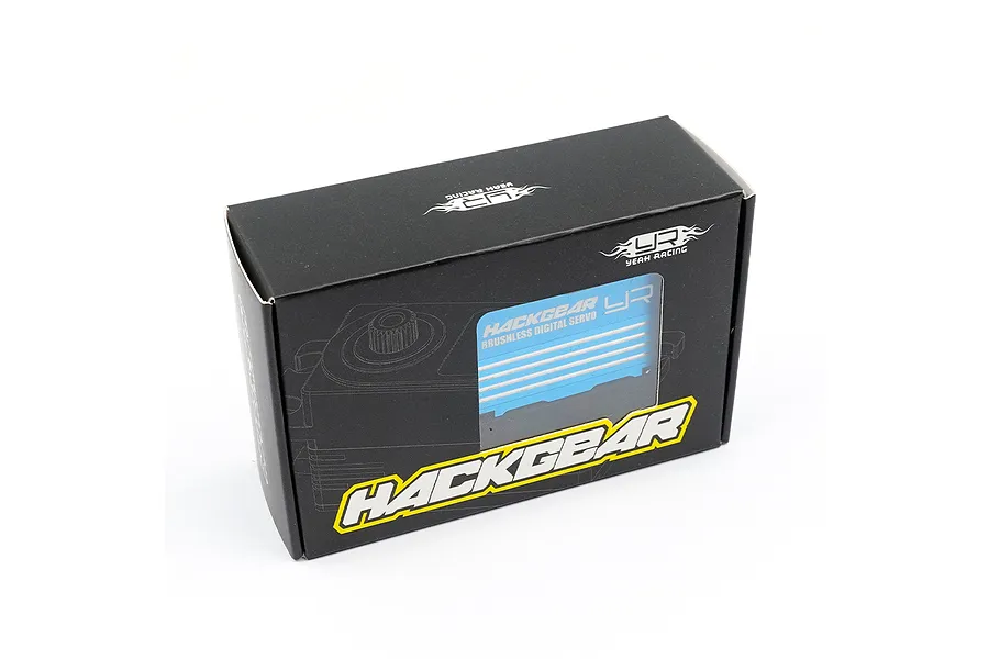 Black cardboard packaging box for a Yeah Racing Hackgear brushless digital servo, featuring the Hackgear logo and branding on a white background.
