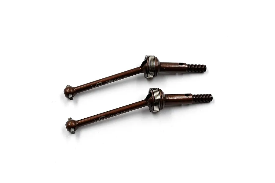 Two brown metal Yeah Racing universal CVD driveshafts with 39mm laser-etched on the shaft, set against a plain white background.
