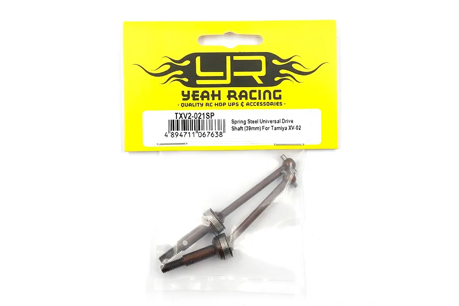 Two Yeah Racing spring steel universal CVD driveshafts in their original yellow and black retail packaging.