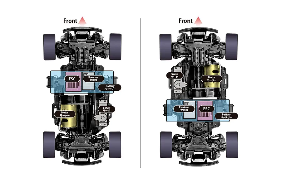 Top-down diagram showing two possible component layout configurations for the Tamiya MB-01 RC chassis, highlighting motor, servo, ESC, and battery placement.