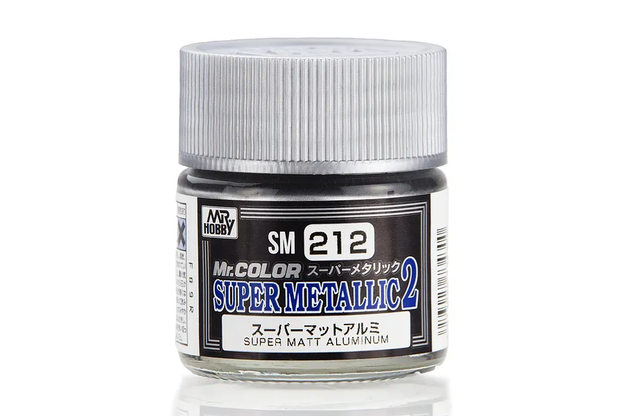 A 10ml jar of Mr. Hobby Super Metallic 2 Super Matt Aluminum paint, model SM212, featuring a silver screw-top lid and black label.
