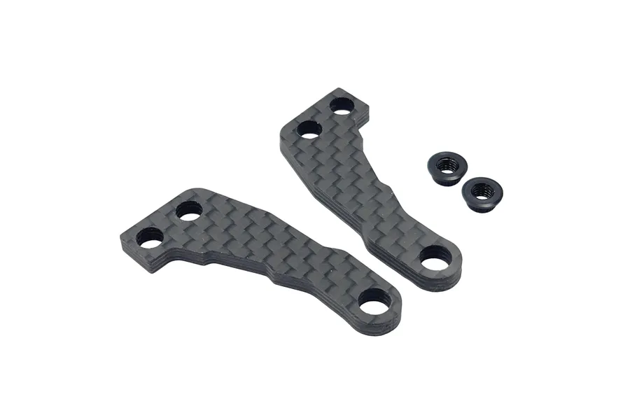 Two carbon fibre steering arms and two small black metal nuts on a white background.