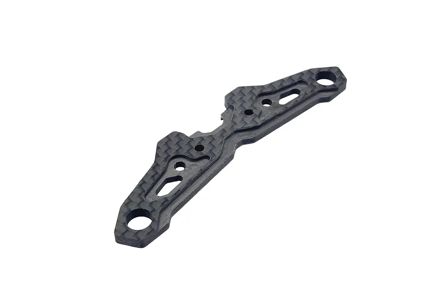 A carbon fibre front upper bumper mount for an RC car, featuring a woven texture and multiple mounting holes.