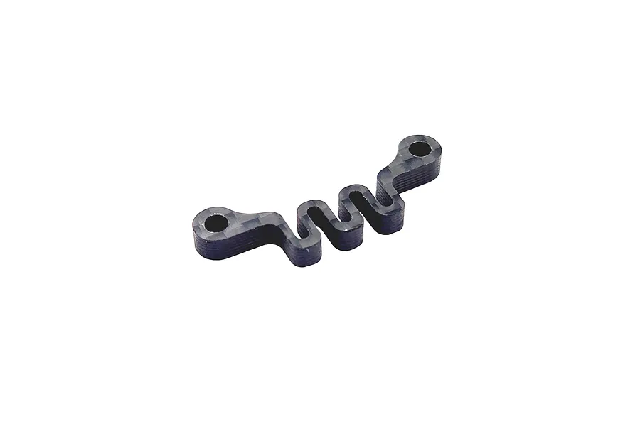 A black carbon fiber RC Maker flexible bulkhead brace with a wavy, serpentine design and two mounting holes.