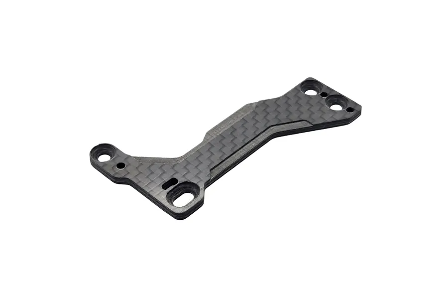 A carbon fibre floating servo brace for RC cars, featuring a woven pattern and multiple mounting holes, isolated on a white background.
