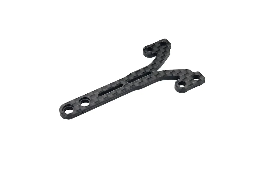 A Y-shaped RC Maker carbon fibre front topdeck component for RC cars, featuring a weave pattern and multiple mounting holes.