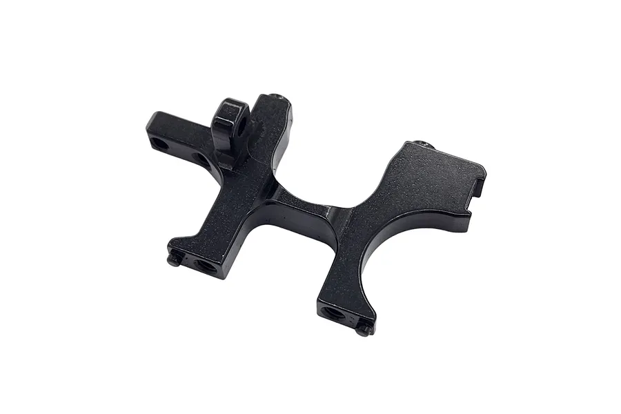 A black anodized aluminum RC car bulkhead part with mounting holes and a distinct H-shape profile against a white background.