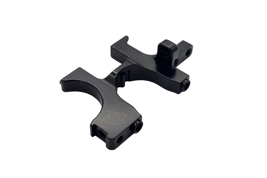 A black anodized aluminum RC car bulkhead component shown from an angled perspective against a white background.