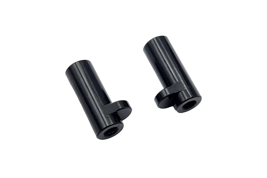 Two black anodized aluminium battery posts for RC cars, shown from an angled perspective against a white background.
