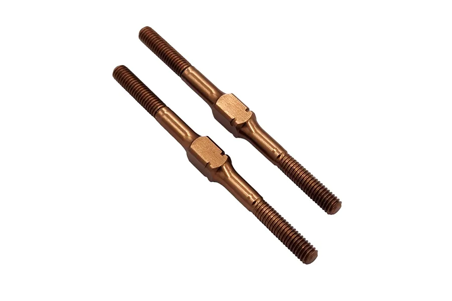 Two copper-coloured metal RC turnbuckles with threaded ends and a central hexagonal adjustment section.