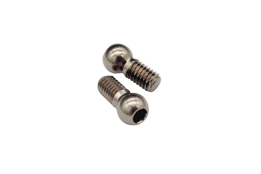 Two silver-coloured metal ball studs for RC cars, featuring threaded shafts and hexagonal sockets on the ball heads.